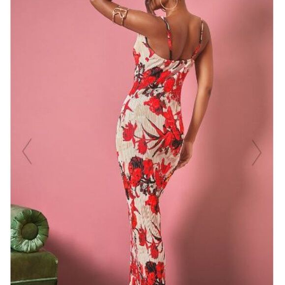 Nude Floral Print Plisse Strappy Maxi Dress - Picture 4 of 5